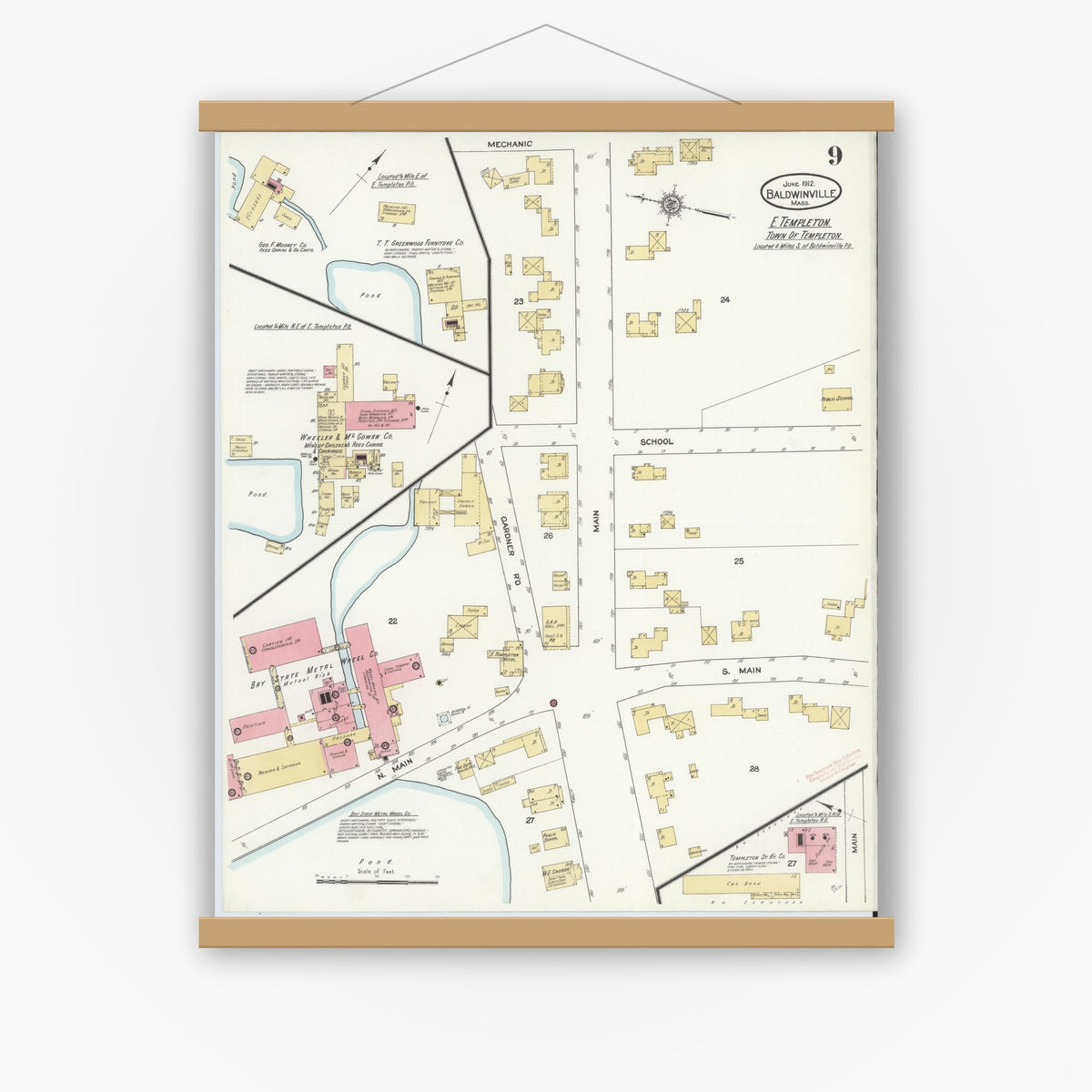 Old map wall art mockup — magnetic wood frame on white wall — Sanborn Fire Insurance Map from Baldwinville, Worcester County, Massachusetts (1912), Sheet #0009