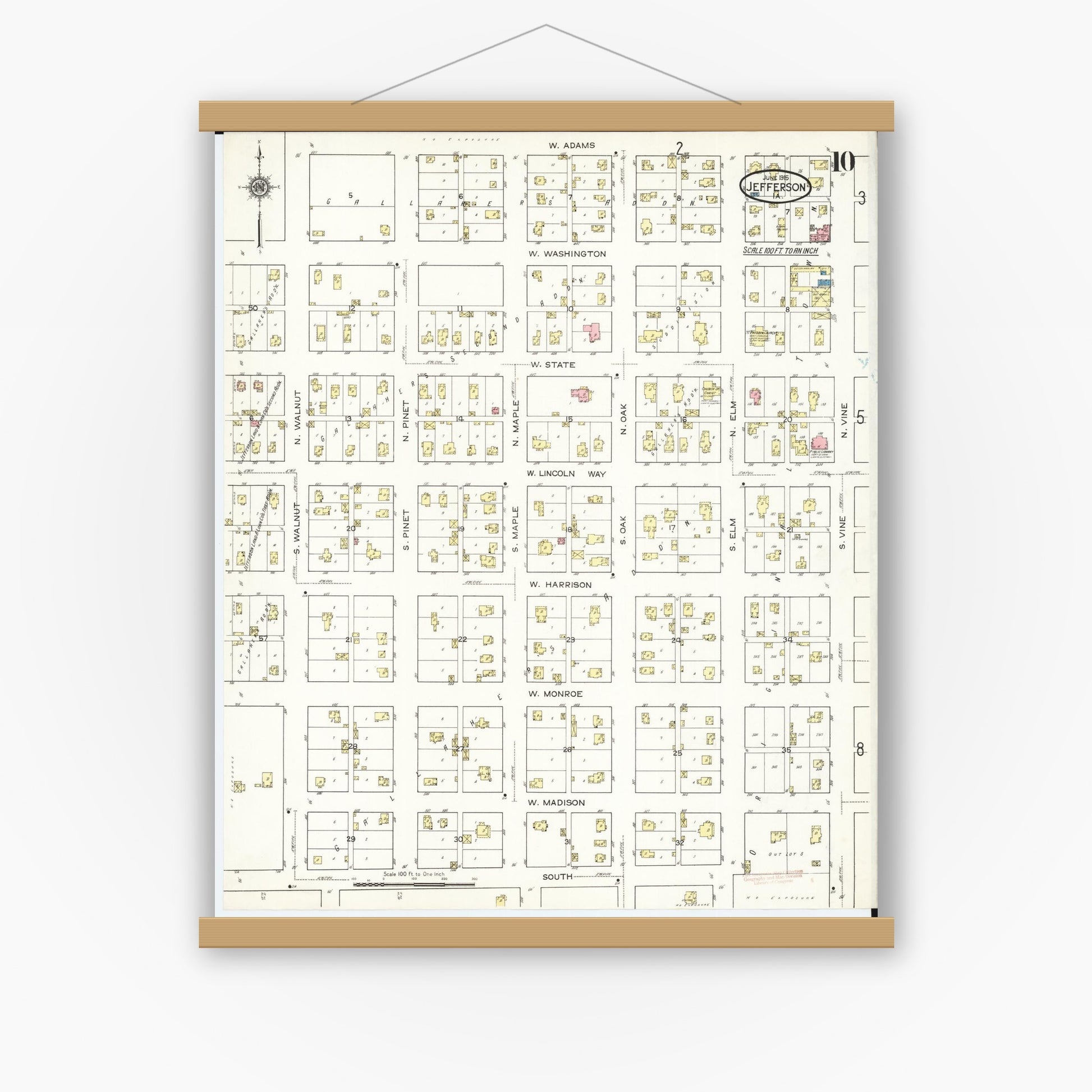 Old map wall art mockup — magnetic wood frame on white wall — Sanborn Fire Insurance Map from Jefferson, Greene County, Iowa (1915), Sheet #0010