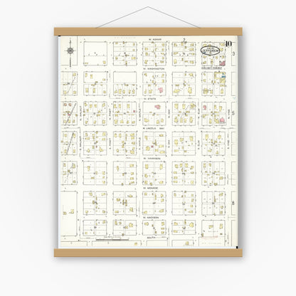 Old map wall art mockup — magnetic wood frame on white wall — Sanborn Fire Insurance Map from Jefferson, Greene County, Iowa (1915), Sheet #0010