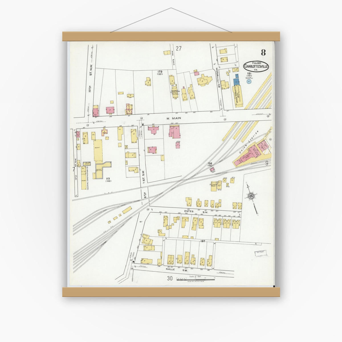Old map wall art mockup — magnetic wood frame on white wall — Sanborn Fire Insurance Map from Charlottesville, Independent Cities, Virginia (1920), Sheet #0008