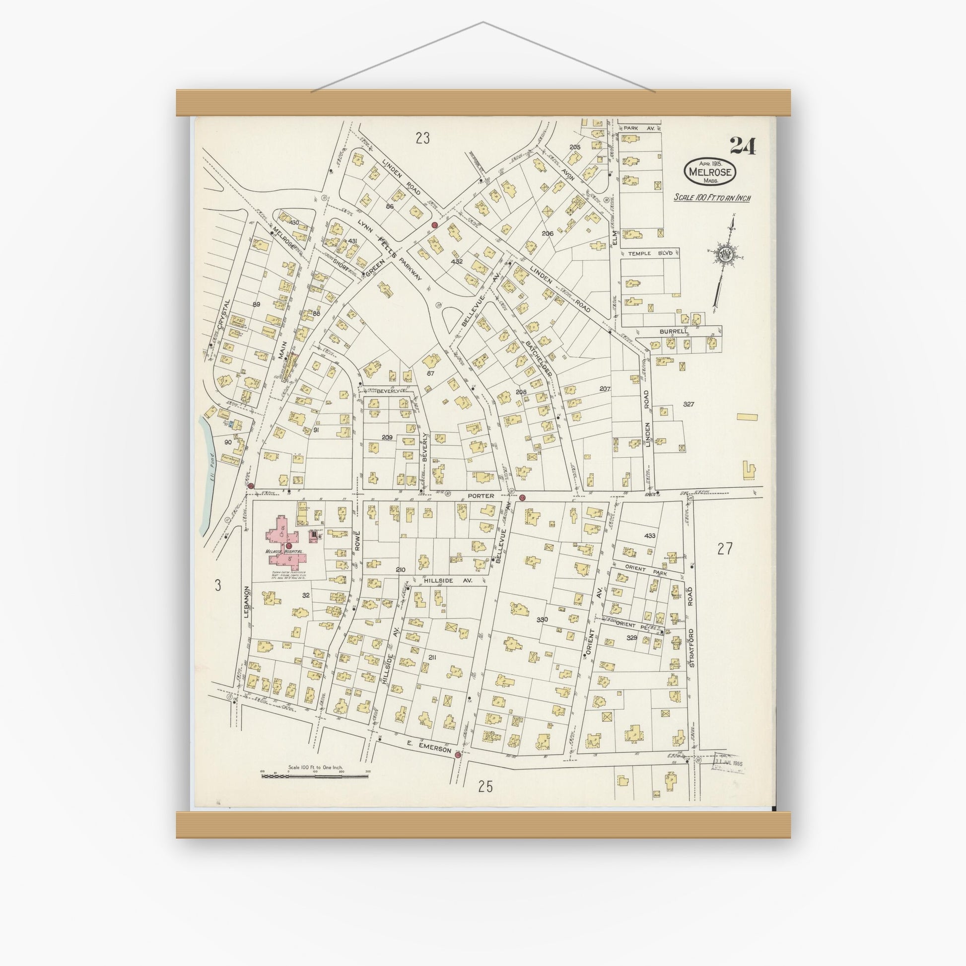 Old map wall art mockup — magnetic wood frame on white wall — Sanborn Fire Insurance Map from Melrose, Middlesex County, Massachusetts (1915), Sheet #0024