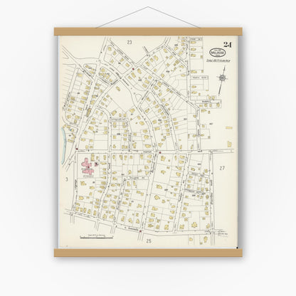 Old map wall art mockup — magnetic wood frame on white wall — Sanborn Fire Insurance Map from Melrose, Middlesex County, Massachusetts (1915), Sheet #0024