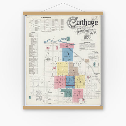 Old map wall art mockup — magnetic wood frame on white wall — Sanborn Fire Insurance Map from Carthage, Jasper County, Missouri (1893) - Complete Map Set