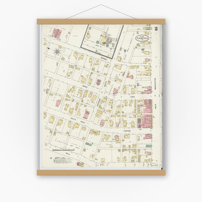 Old map wall art mockup — magnetic wood frame on white wall — Sanborn Fire Insurance Map from Plainfield, Hendricks County, Indiana (1898), Sheet #0002