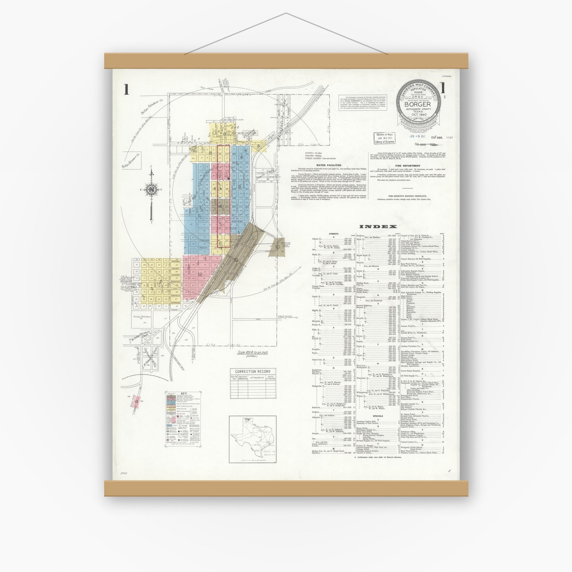 Old map wall art mockup — magnetic wood frame on white wall — Sanborn Fire Insurance Map from Borger, Hutchinson County, Texas (1940), Sheet #0001