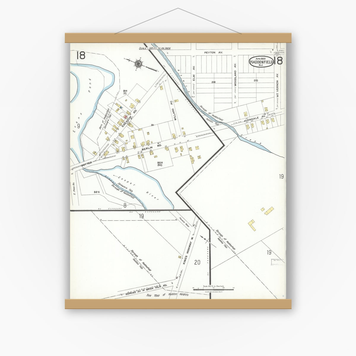 Old map wall art mockup — magnetic wood frame on white wall — Sanborn Fire Insurance Map from Haddonfield, Camden County, New Jersey (1923), Sheet #0018