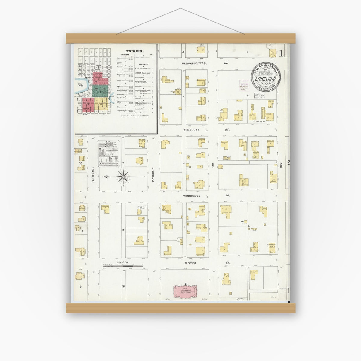 Old map wall art mockup — magnetic wood frame on white wall — Sanborn Fire Insurance Map from Lakeland, Polk County, Florida (1903) - Complete Map Set