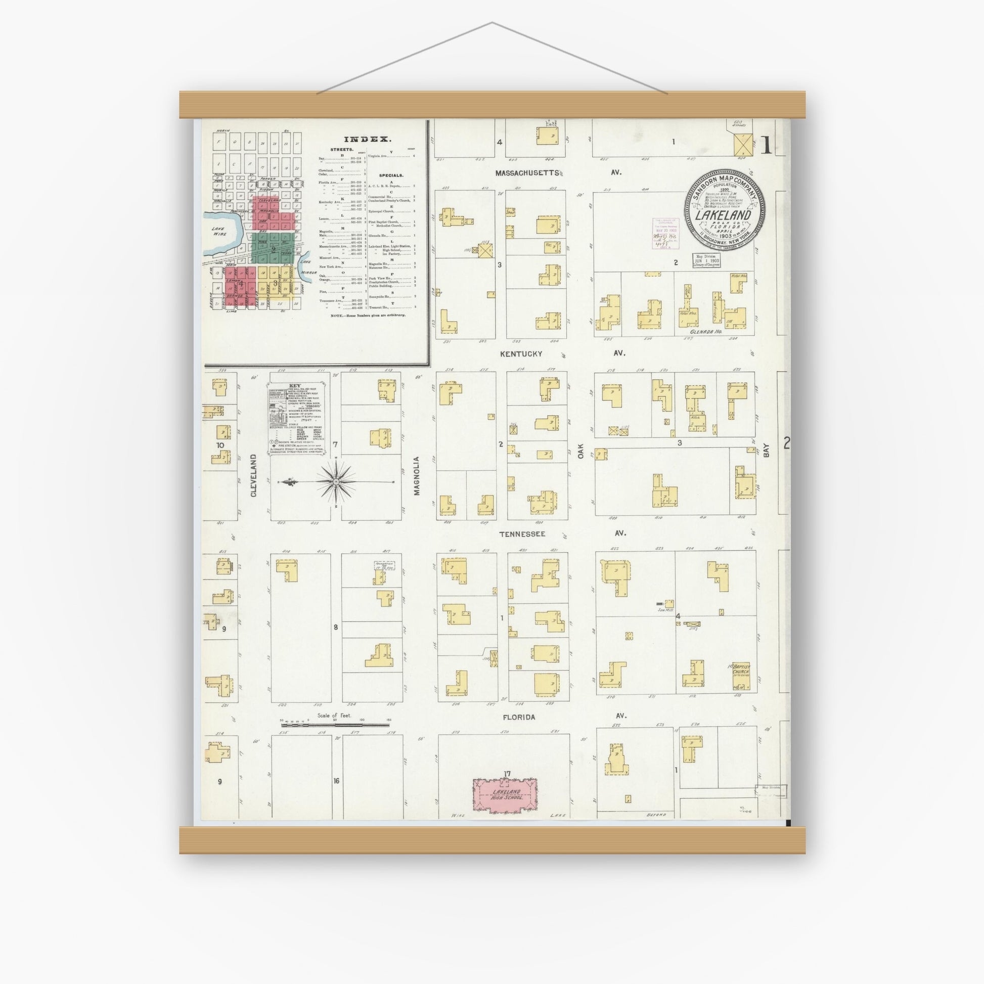 Old map wall art mockup — magnetic wood frame on white wall — Sanborn Fire Insurance Map from Lakeland, Polk County, Florida (1903) - Complete Map Set