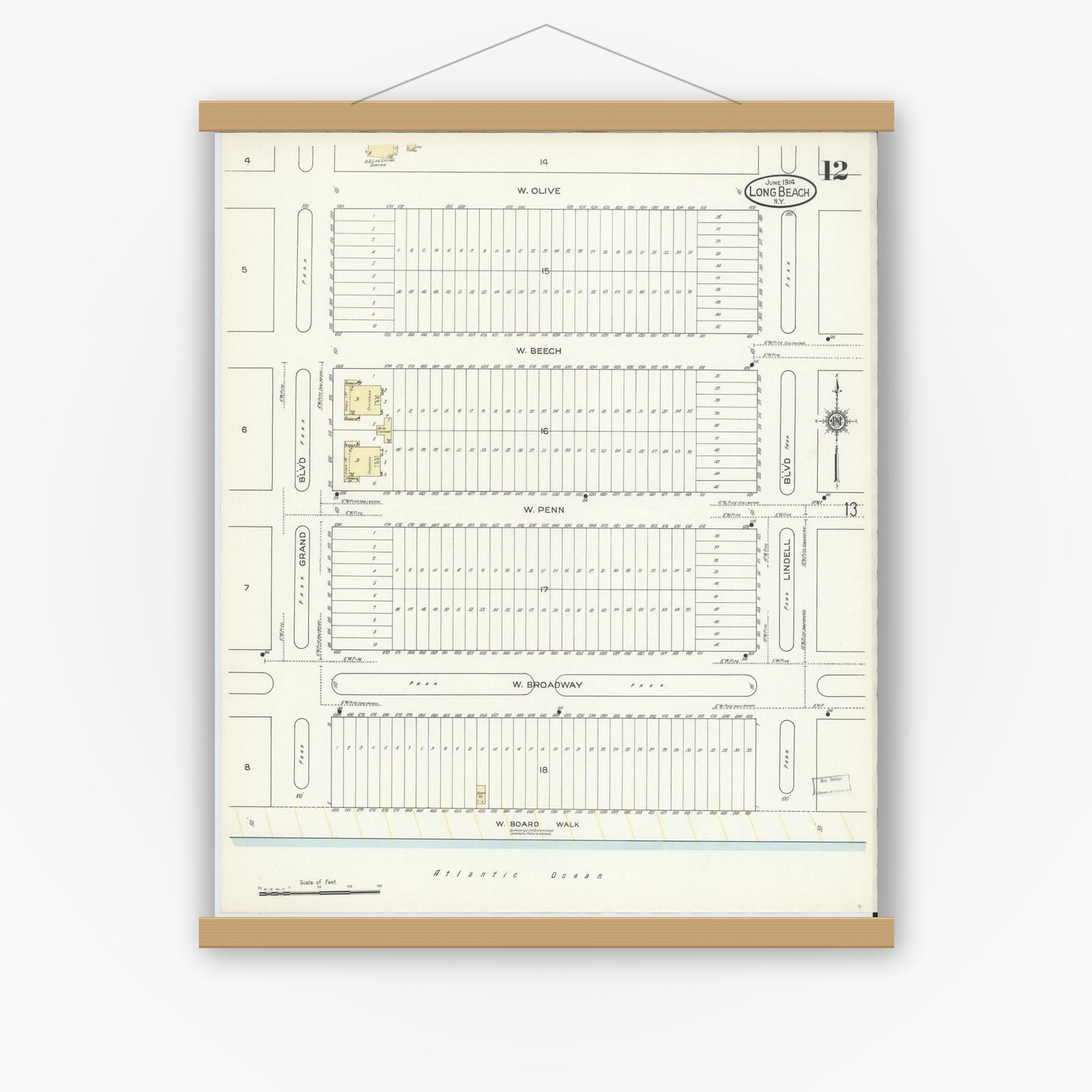 Old map wall art mockup — magnetic wood frame on white wall — Sanborn Fire Insurance Map from Long Beach, Nassau County, New York (1914), Sheet #0012