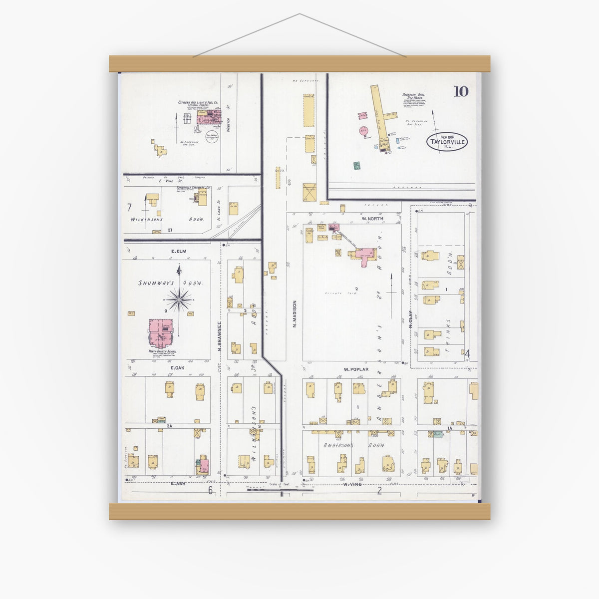 Old map wall art mockup — magnetic wood frame on white wall — Sanborn Fire Insurance Map from Taylorville, Christian County, Illinois (1906), Sheet #0010