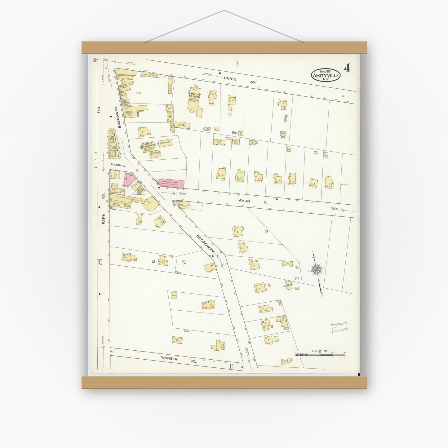 Old map wall art mockup — magnetic wood frame on white wall — Sanborn Fire Insurance Map from Amityville, Suffolk County, New York (1915), Sheet #0004