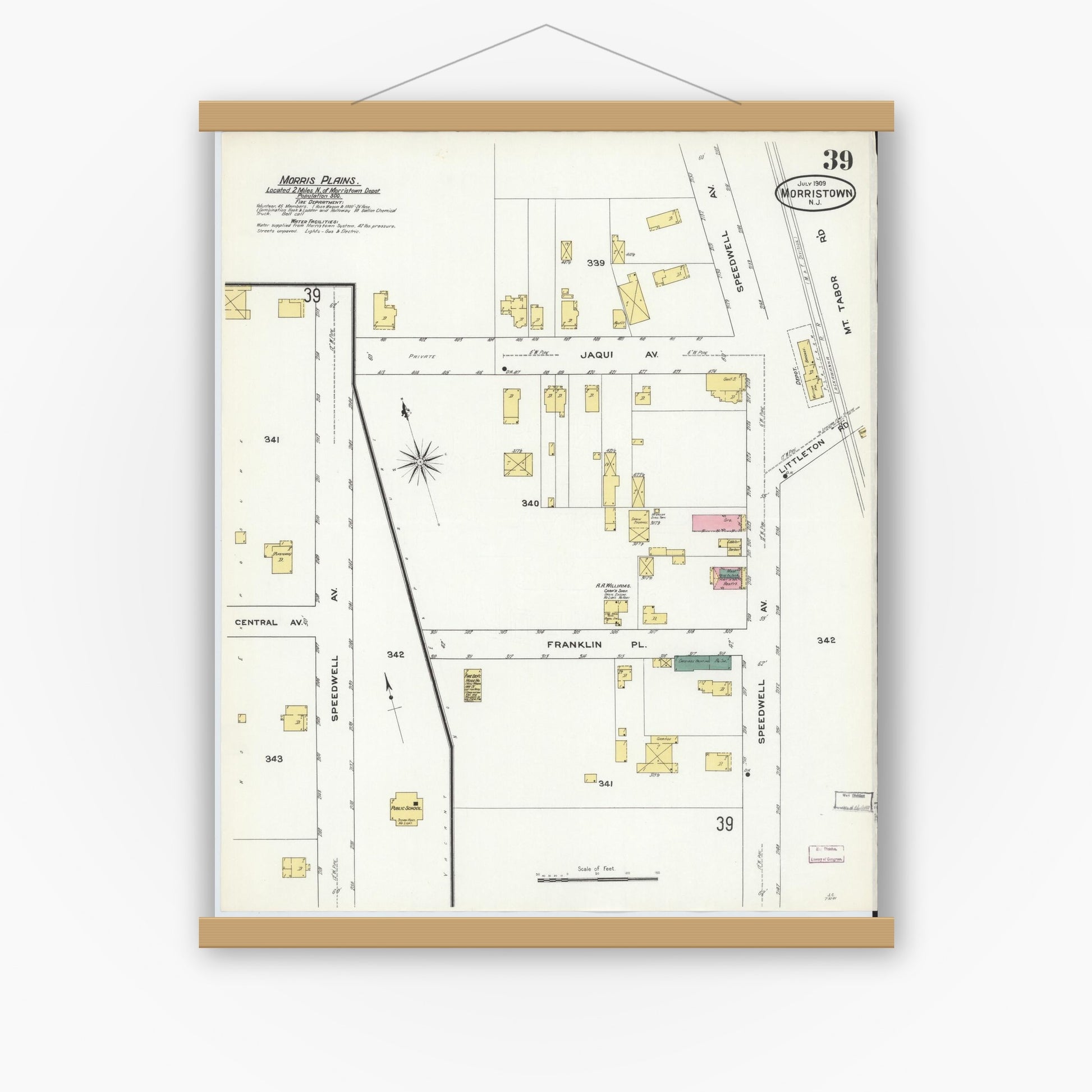 Old map wall art mockup — magnetic wood frame on white wall — Sanborn Fire Insurance Map from Morristown, Morris County, New Jersey (1909), Sheet #0039