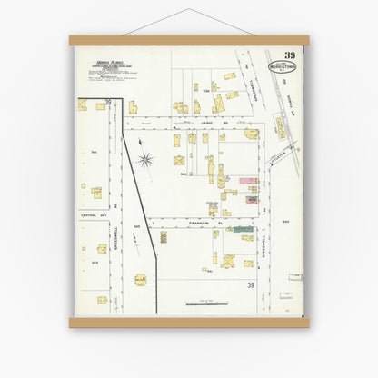 Old map wall art mockup — magnetic wood frame on white wall — Sanborn Fire Insurance Map from Morristown, Morris County, New Jersey (1909), Sheet #0039