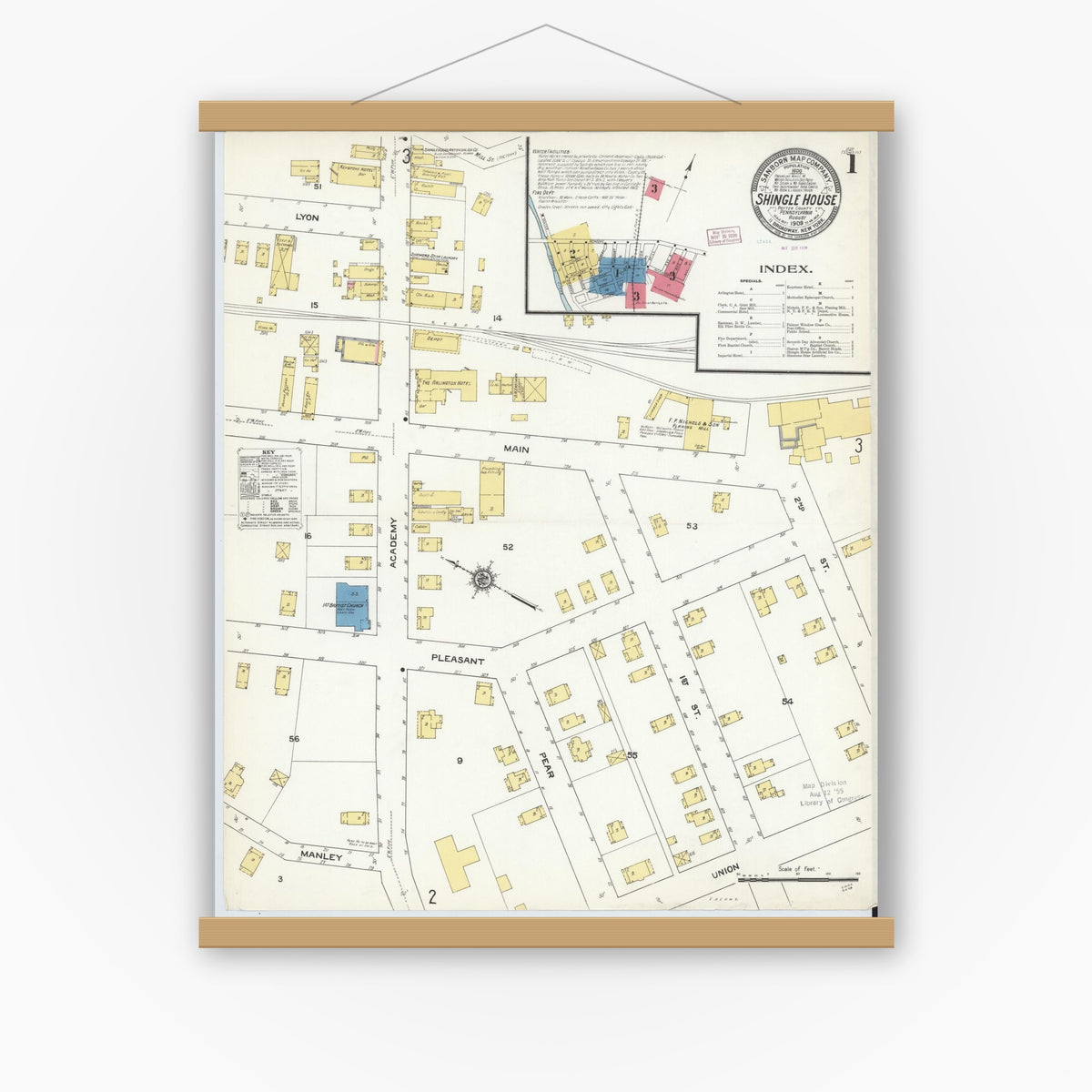 Old map wall art mockup — magnetic wood frame on white wall — Sanborn Fire Insurance Map from Shingle House, Potter County, Pennsylvania (1909) - Complete Map Set