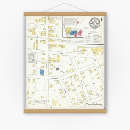 Old map wall art mockup — magnetic wood frame on white wall — Sanborn Fire Insurance Map from Shingle House, Potter County, Pennsylvania (1909) - Complete Map Set