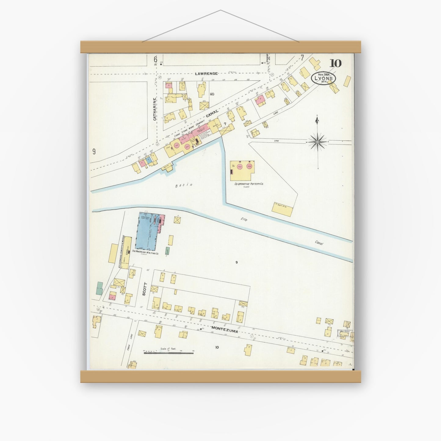 Old map wall art mockup — magnetic wood frame on white wall — Sanborn Fire Insurance Map from Lyons, Wayne County, New York (1904), Sheet #0010