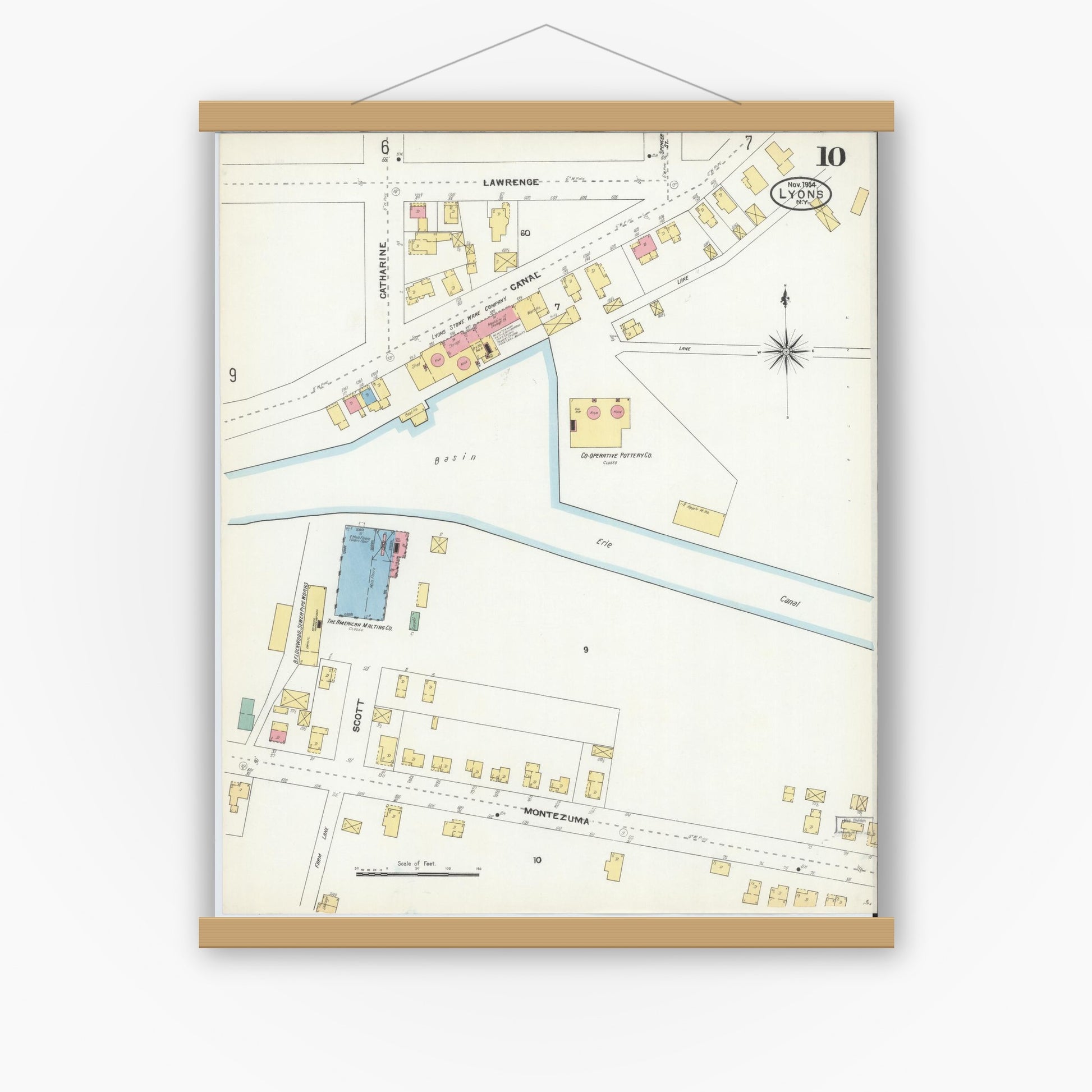 Old map wall art mockup — magnetic wood frame on white wall — Sanborn Fire Insurance Map from Lyons, Wayne County, New York (1904), Sheet #0010