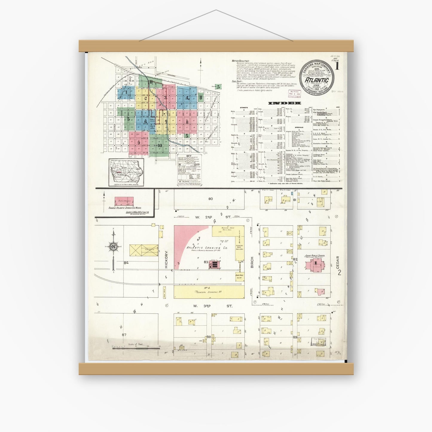 Old map wall art mockup — magnetic wood frame on white wall — Sanborn Fire Insurance Map from Atlantic, Cass County, Iowa (1913) â€” Complete Set