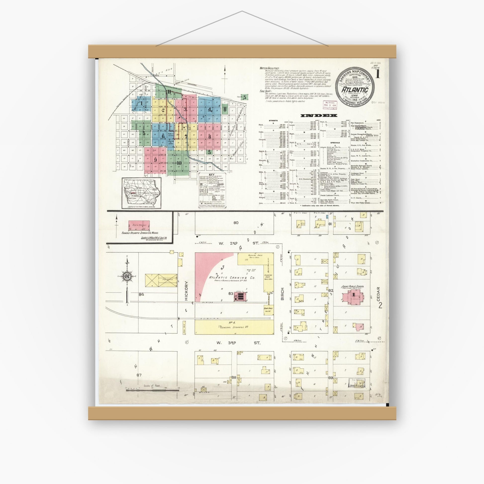 Old map wall art mockup — magnetic wood frame on white wall — Sanborn Fire Insurance Map from Atlantic, Cass County, Iowa (1913) â€” Complete Set