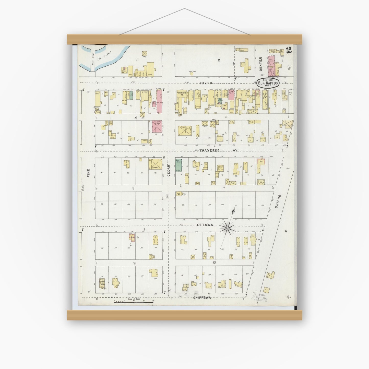 Old map wall art mockup — magnetic wood frame on white wall — Sanborn Fire Insurance Map from Elk Rapids, Antrim County, Michigan (1895), Sheet #0002