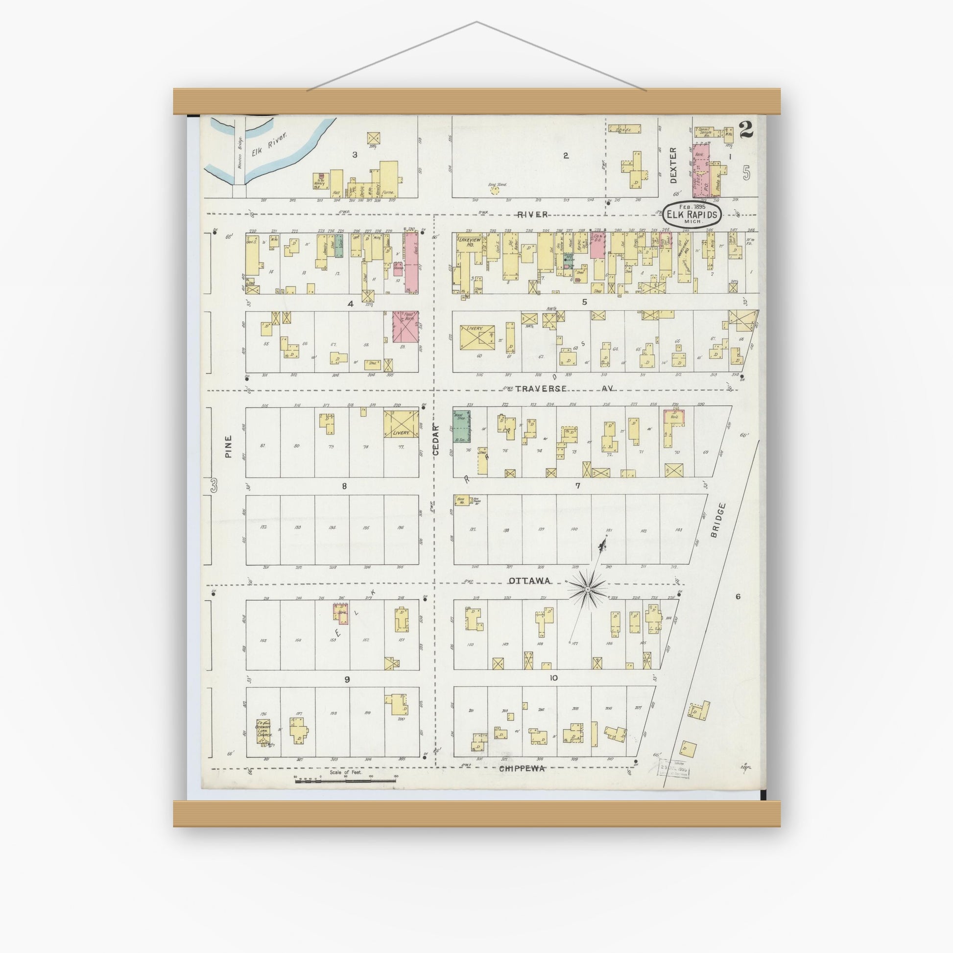 Old map wall art mockup — magnetic wood frame on white wall — Sanborn Fire Insurance Map from Elk Rapids, Antrim County, Michigan (1895), Sheet #0002