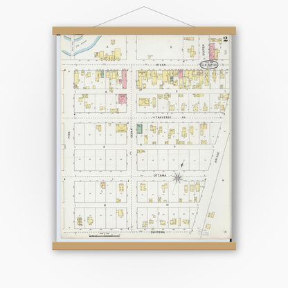 Old map wall art mockup — magnetic wood frame on white wall — Sanborn Fire Insurance Map from Elk Rapids, Antrim County, Michigan (1895), Sheet #0002