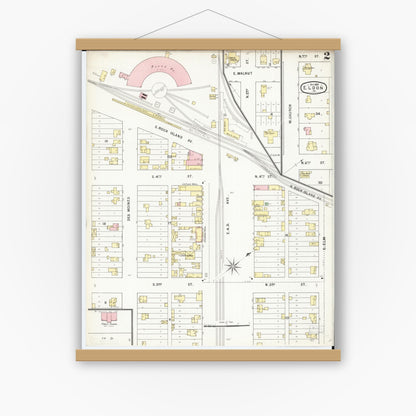 Old map wall art mockup — magnetic wood frame on white wall — Sanborn Fire Insurance Map from Eldon, Wapello County, Iowa (1895), Sheet #0002