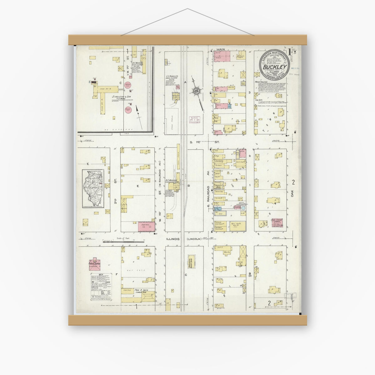 Old map wall art mockup — magnetic wood frame on white wall — Sanborn Fire Insurance Map from Buckley, Iroquois County, Illinois (1914), Sheet #0001