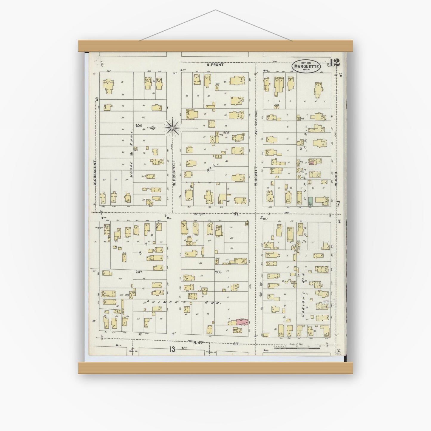 Old map wall art mockup — magnetic wood frame on white wall — Sanborn Fire Insurance Map from Marquette, Marquette County, Michigan (1897), Sheet #0012