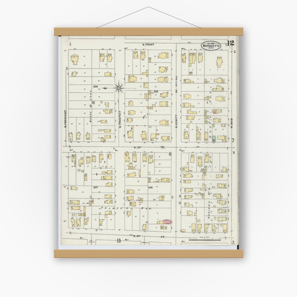 Old map wall art mockup — magnetic wood frame on white wall — Sanborn Fire Insurance Map from Marquette, Marquette County, Michigan (1897), Sheet #0012