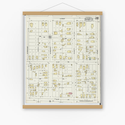 Old map wall art mockup — magnetic wood frame on white wall — Sanborn Fire Insurance Map from Marquette, Marquette County, Michigan (1897), Sheet #0012