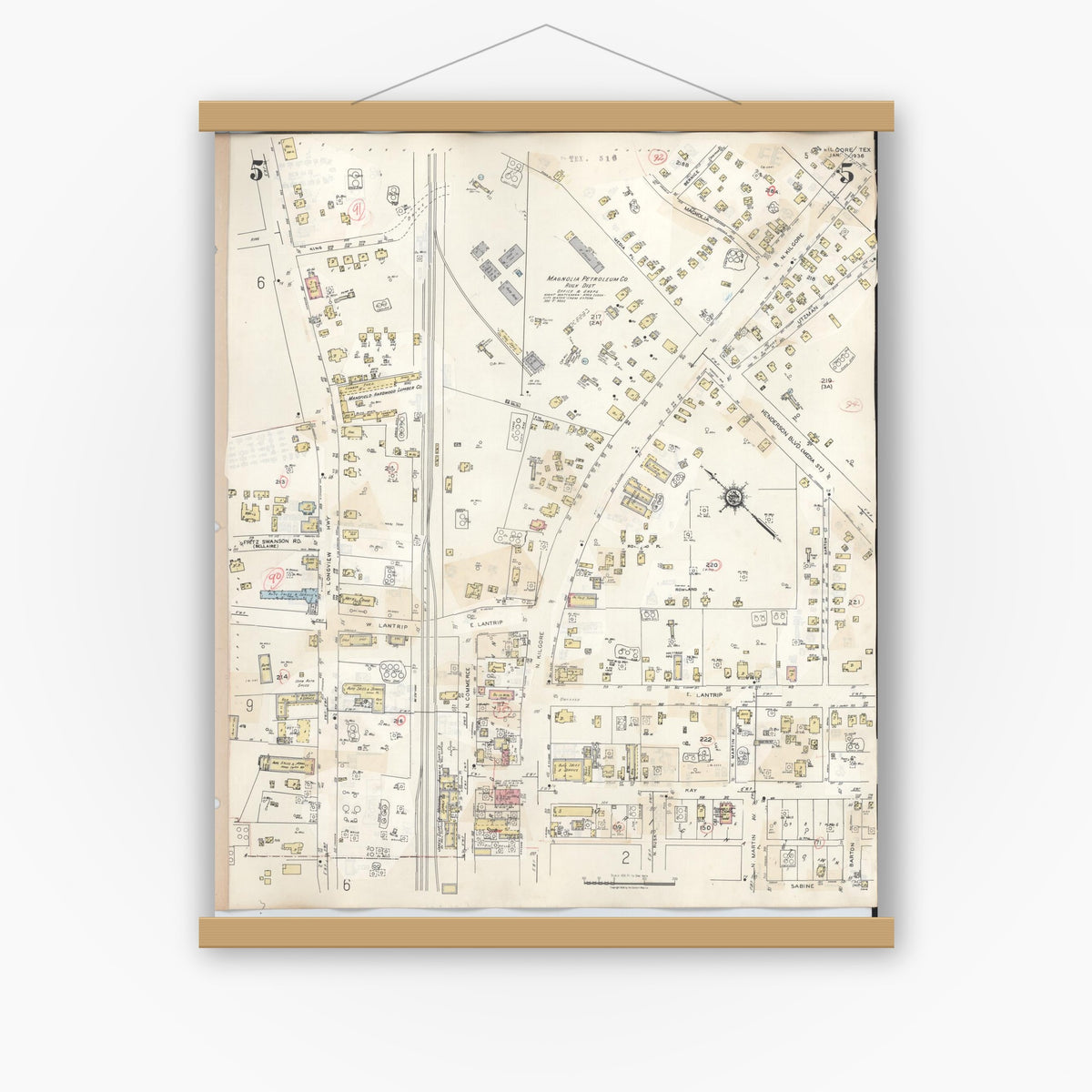 Old map wall art mockup — magnetic wood frame on white wall — Sanborn Fire Insurance Map from Kilgore, Gregg County, Texas (1950), Sheet #0005