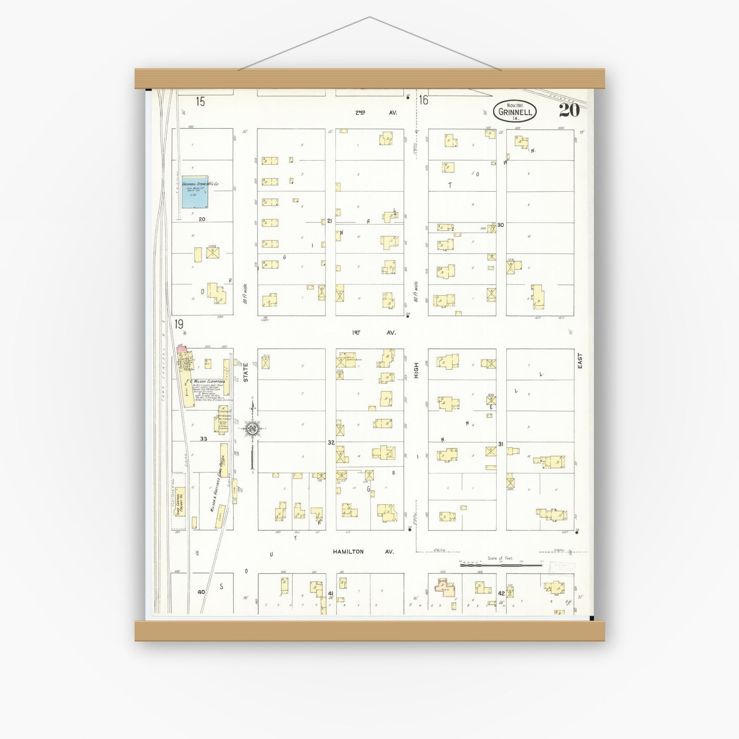 Old map wall art mockup — magnetic wood frame on white wall — Sanborn Fire Insurance Map from Grinnell, Poweshiek County, Iowa (1911), Sheet #0020