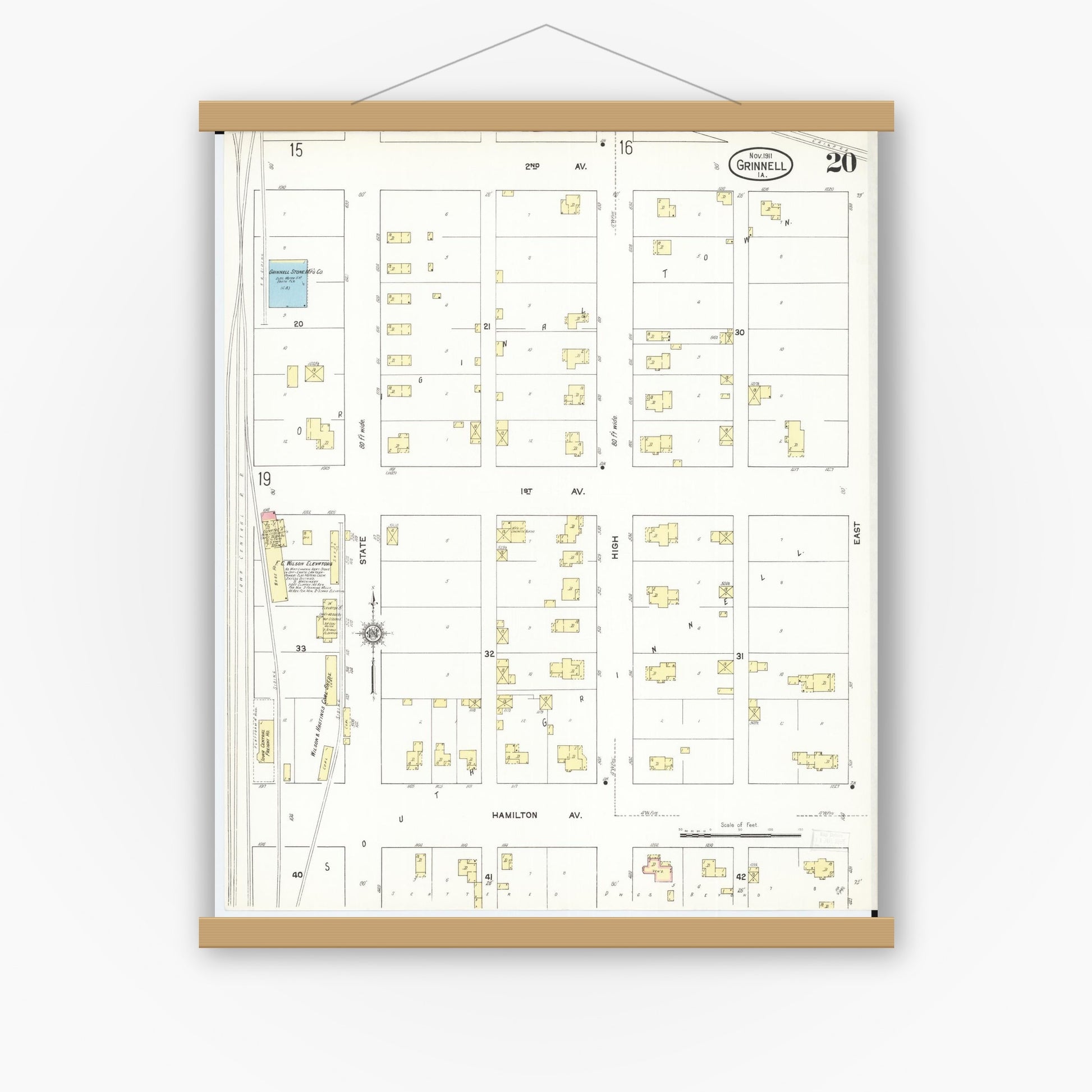 Old map wall art mockup — magnetic wood frame on white wall — Sanborn Fire Insurance Map from Grinnell, Poweshiek County, Iowa (1911), Sheet #0020