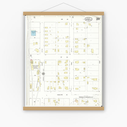 Old map wall art mockup — magnetic wood frame on white wall — Sanborn Fire Insurance Map from Grinnell, Poweshiek County, Iowa (1911), Sheet #0020