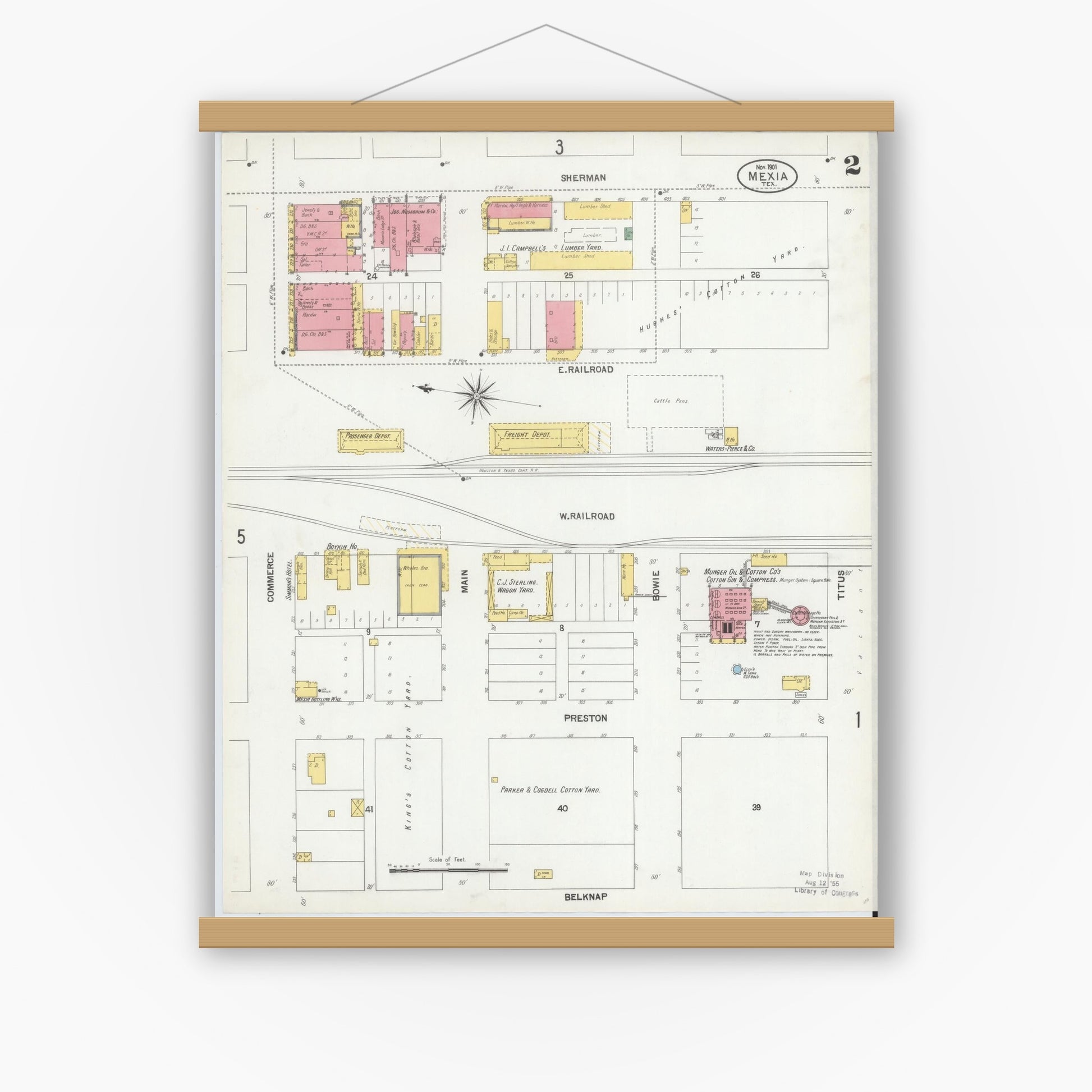 Old map wall art mockup — magnetic wood frame on white wall — Sanborn Fire Insurance Map from Mexia, Limestone County, Texas (1901), Sheet #0002