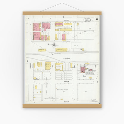 Old map wall art mockup — magnetic wood frame on white wall — Sanborn Fire Insurance Map from Mexia, Limestone County, Texas (1901), Sheet #0002
