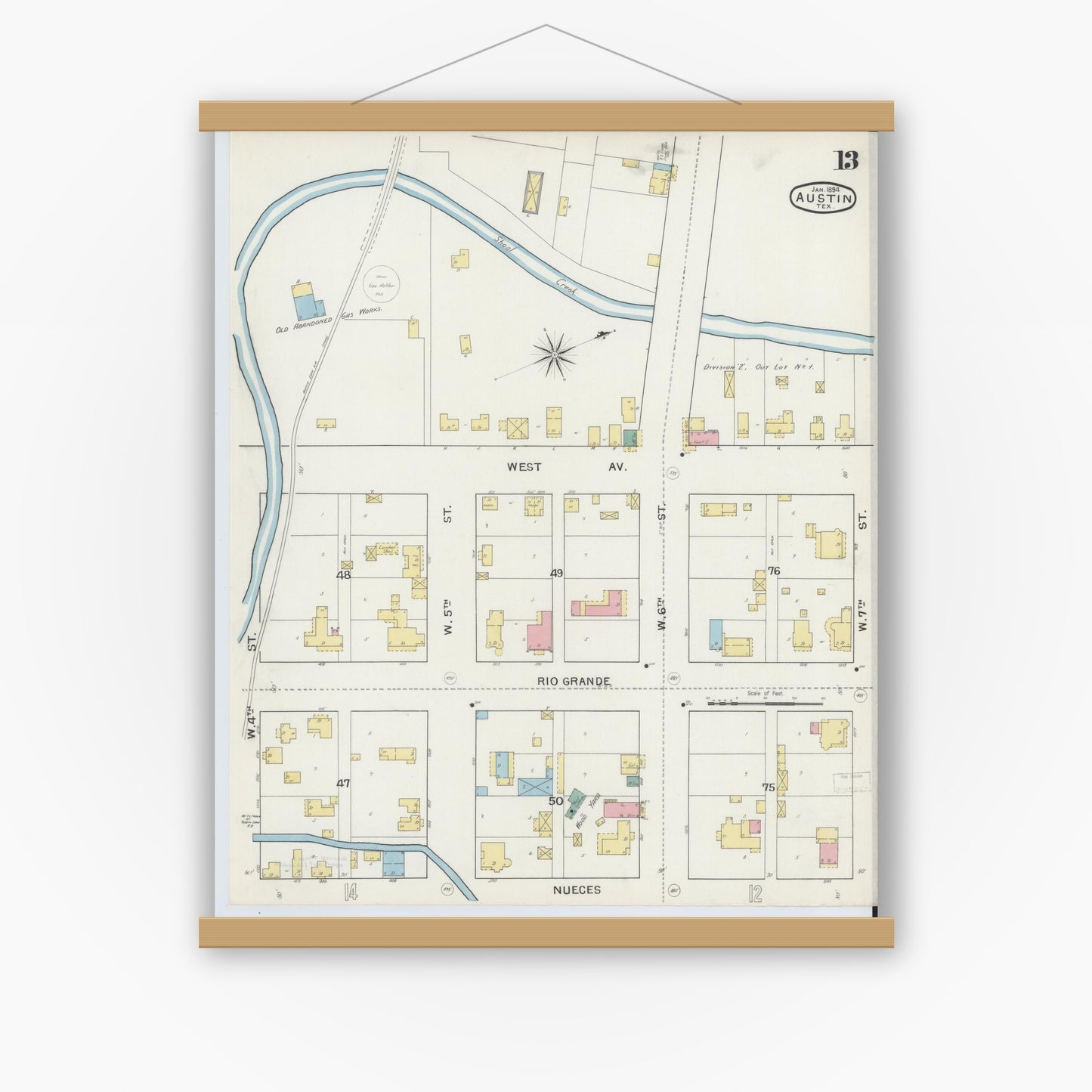 Old map wall art mockup — magnetic wood frame on white wall — Sanborn Fire Insurance Map from Austin, Travis County, Texas (1894), Sheet #0013