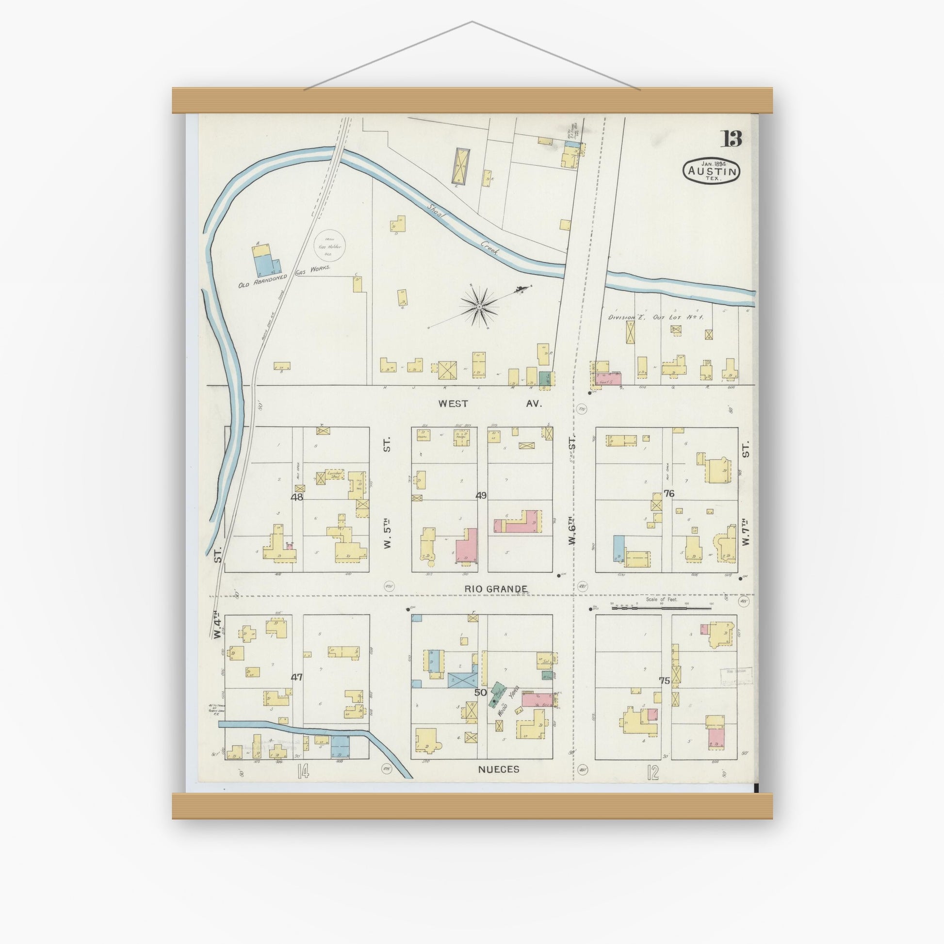 Old map wall art mockup — magnetic wood frame on white wall — Sanborn Fire Insurance Map from Austin, Travis County, Texas (1894), Sheet #0013
