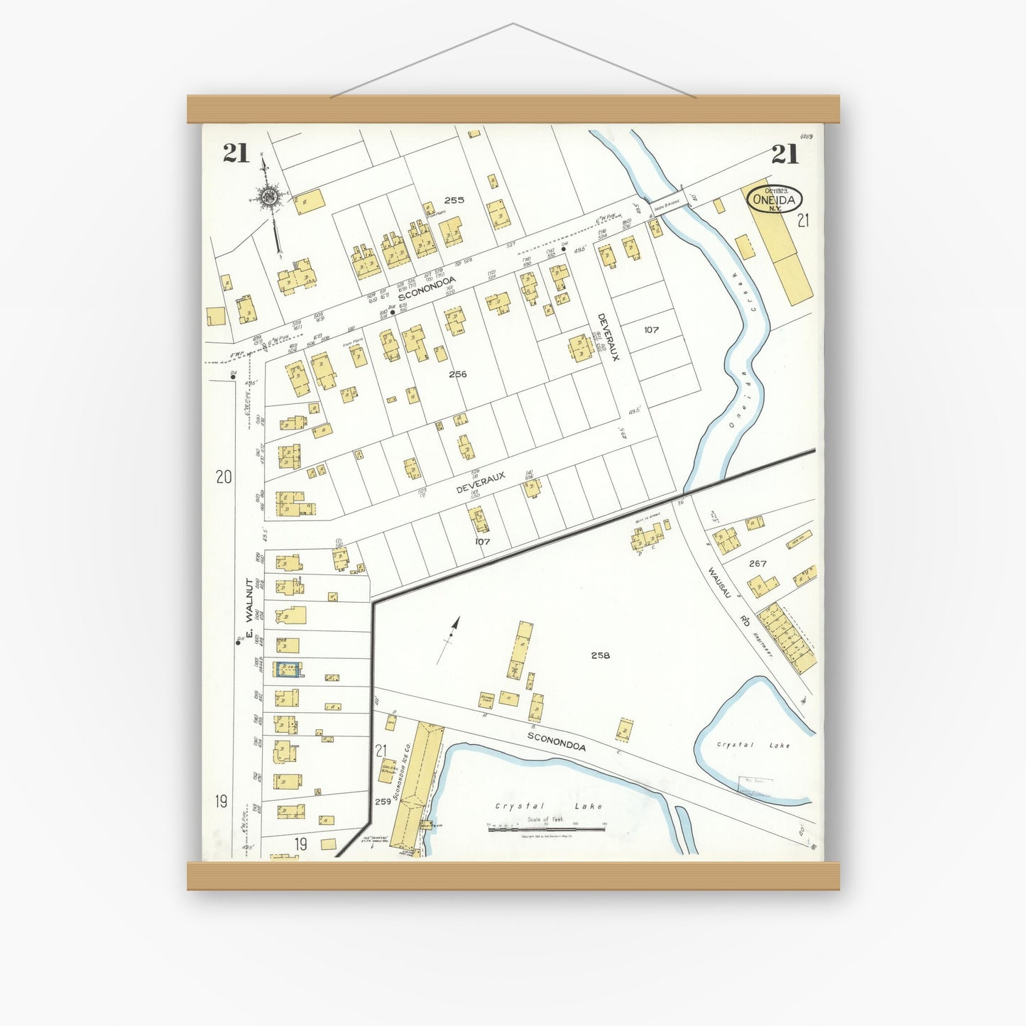 Old map wall art mockup — magnetic wood frame on white wall — Sanborn Fire Insurance Map from Oneida, Madison County, New York (1923), Sheet #0021