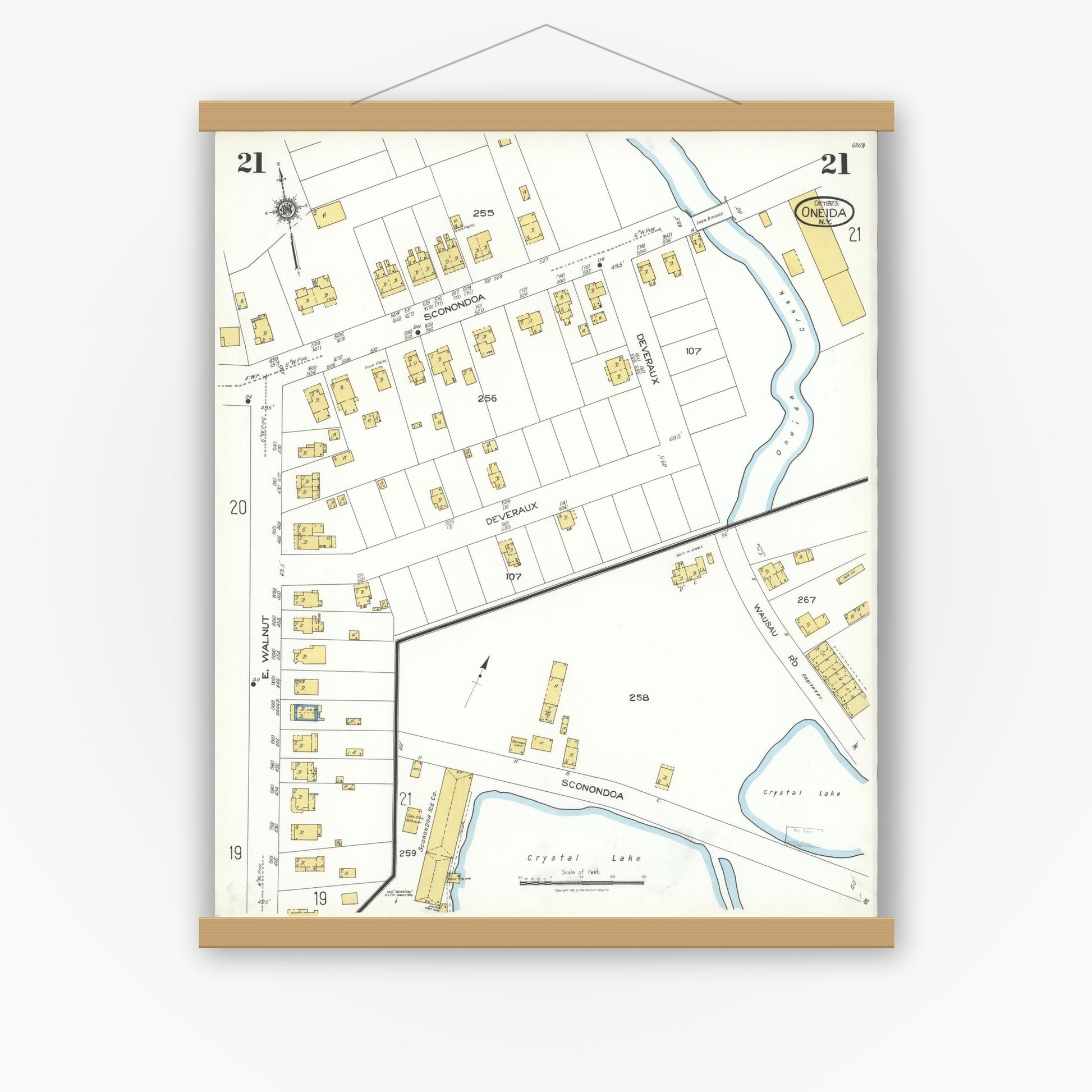 Old map wall art mockup — magnetic wood frame on white wall — Sanborn Fire Insurance Map from Oneida, Madison County, New York (1923), Sheet #0021