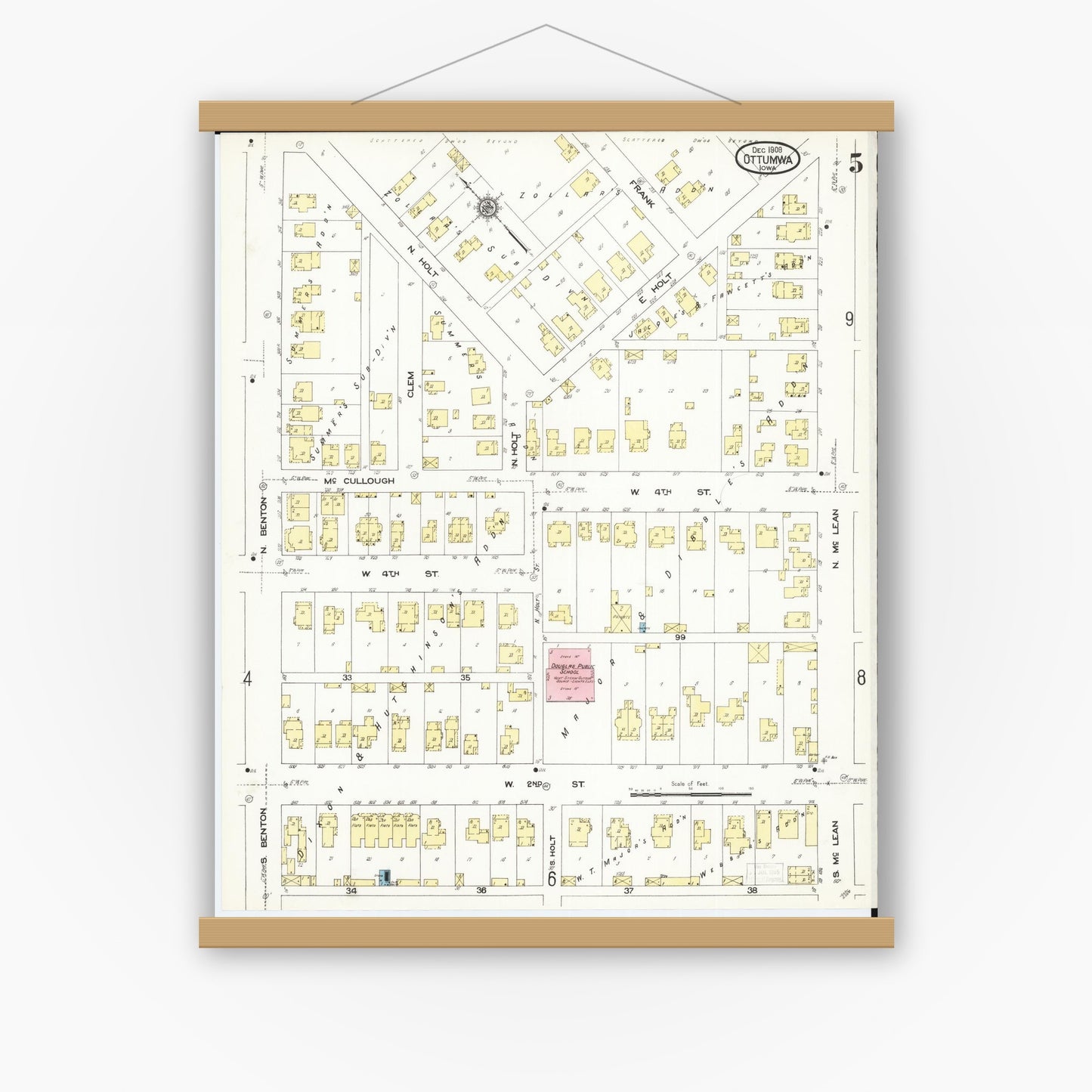 Old map wall art mockup — magnetic wood frame on white wall — Sanborn Fire Insurance Map from Ottumwa, Wapello County, Iowa (1909), Sheet #0005