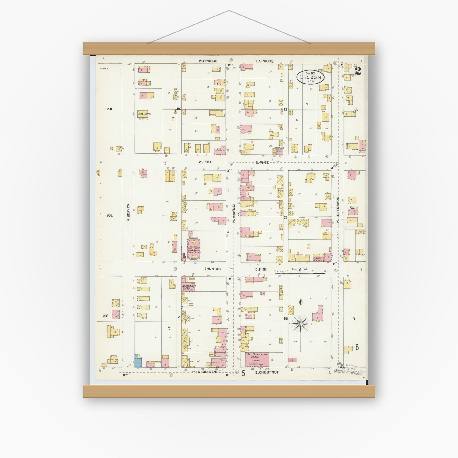 Old map wall art mockup — magnetic wood frame on white wall — Sanborn Fire Insurance Map from Lisbon, Columbiana County, Ohio (1903), Sheet #0002
