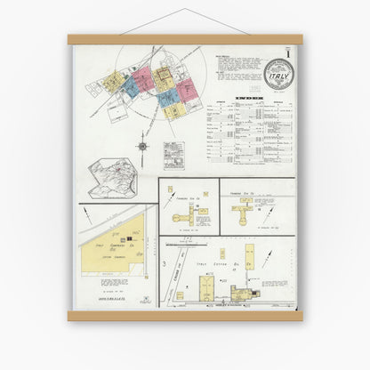 Old map wall art mockup — magnetic wood frame on white wall — Sanborn Fire Insurance Map from Italy, Ellis County, Texas (1921), Sheet #0001