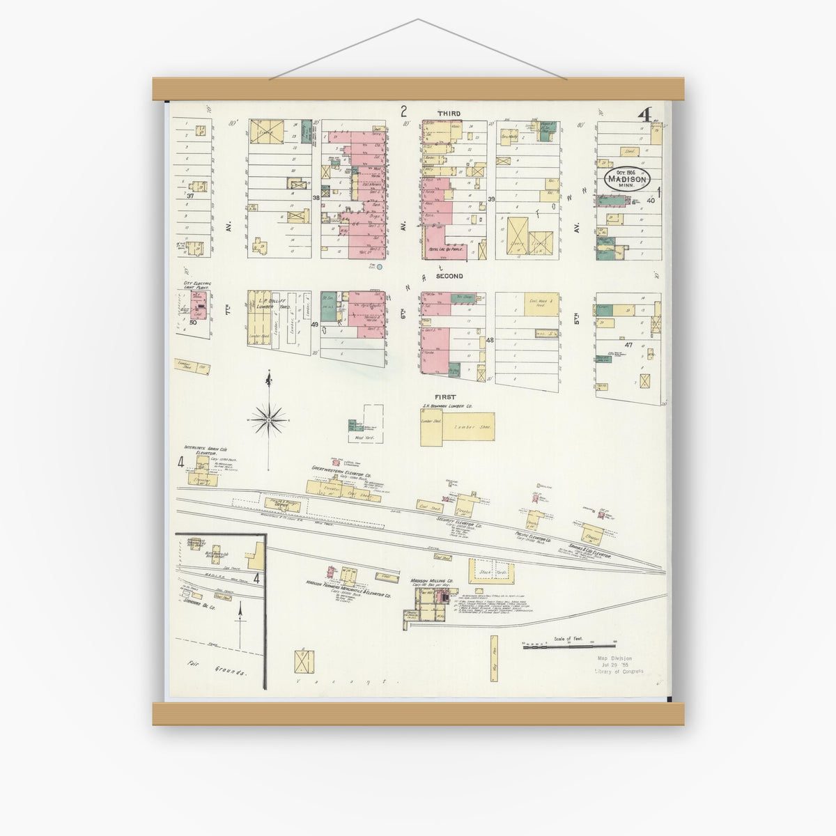Old map wall art mockup — magnetic wood frame on white wall — Sanborn Fire Insurance Map from Madison, Lac Qui Parle County, Minnesota (1906), Sheet #0004