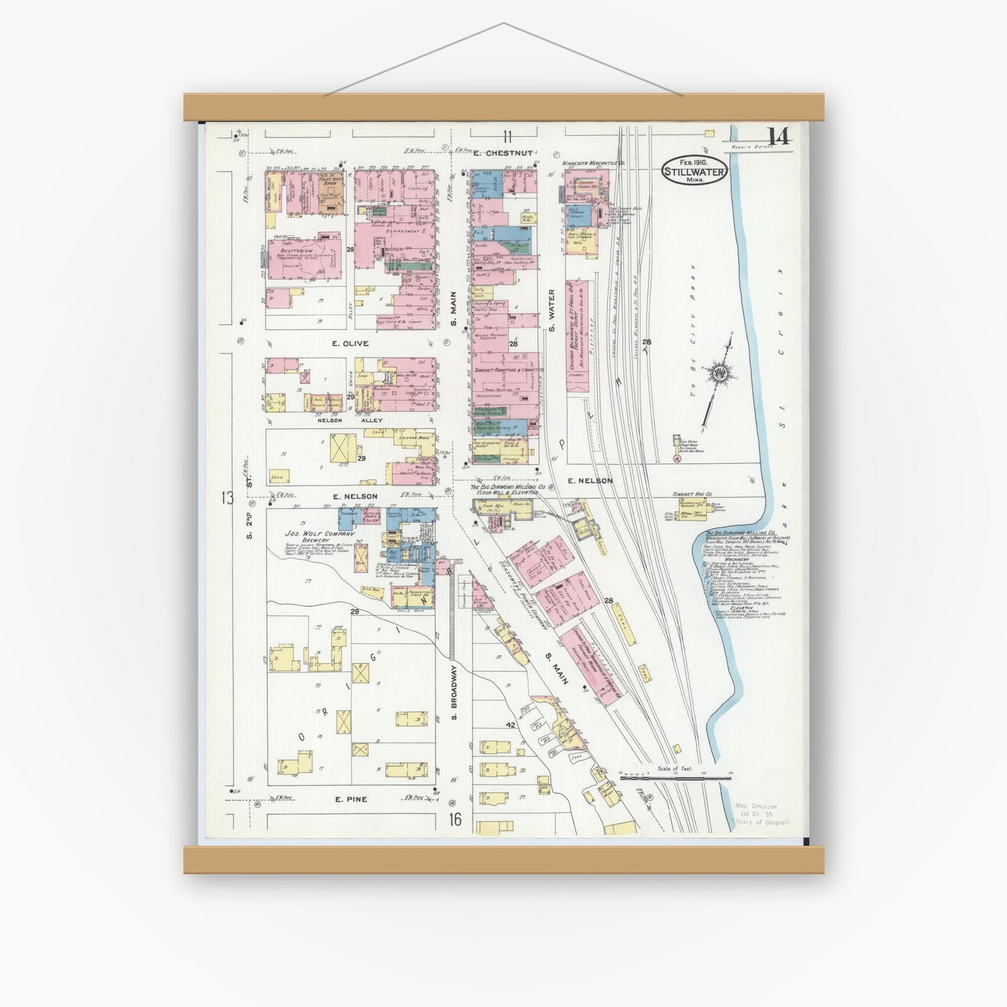 Old map wall art mockup — magnetic wood frame on white wall — Sanborn Fire Insurance Map from Stillwater, Washington County, Minnesota (1910), Sheet #0014