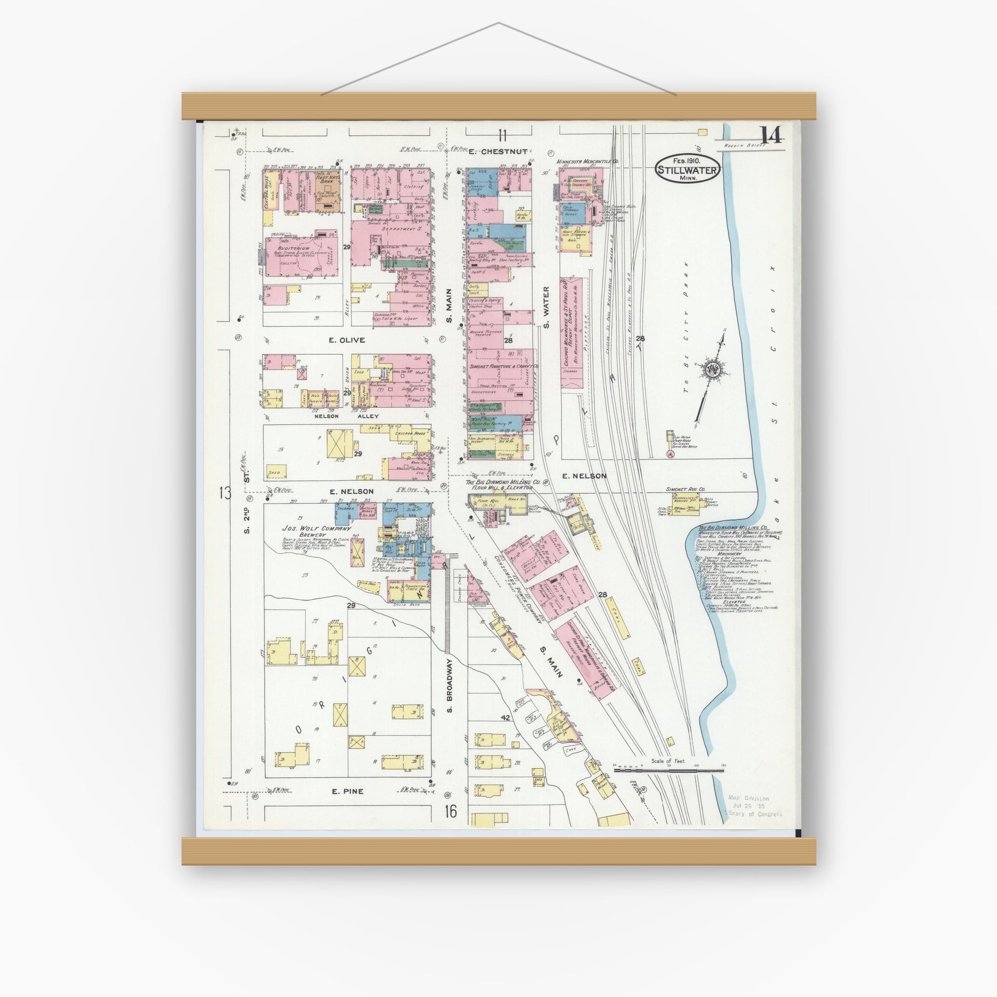 Old map wall art mockup — magnetic wood frame on white wall — Sanborn Fire Insurance Map from Stillwater, Washington County, Minnesota (1910), Sheet #0014