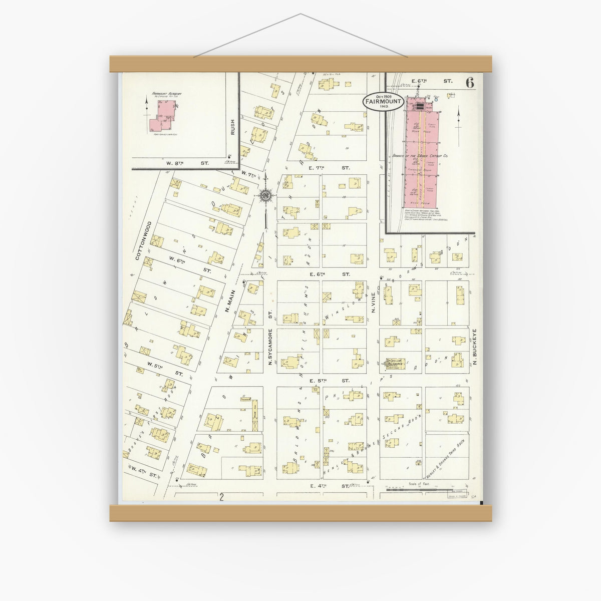 Old map wall art mockup — magnetic wood frame on white wall — Sanborn Fire Insurance Map from Fairmount, Grant County, Indiana (1909), Sheet #0006