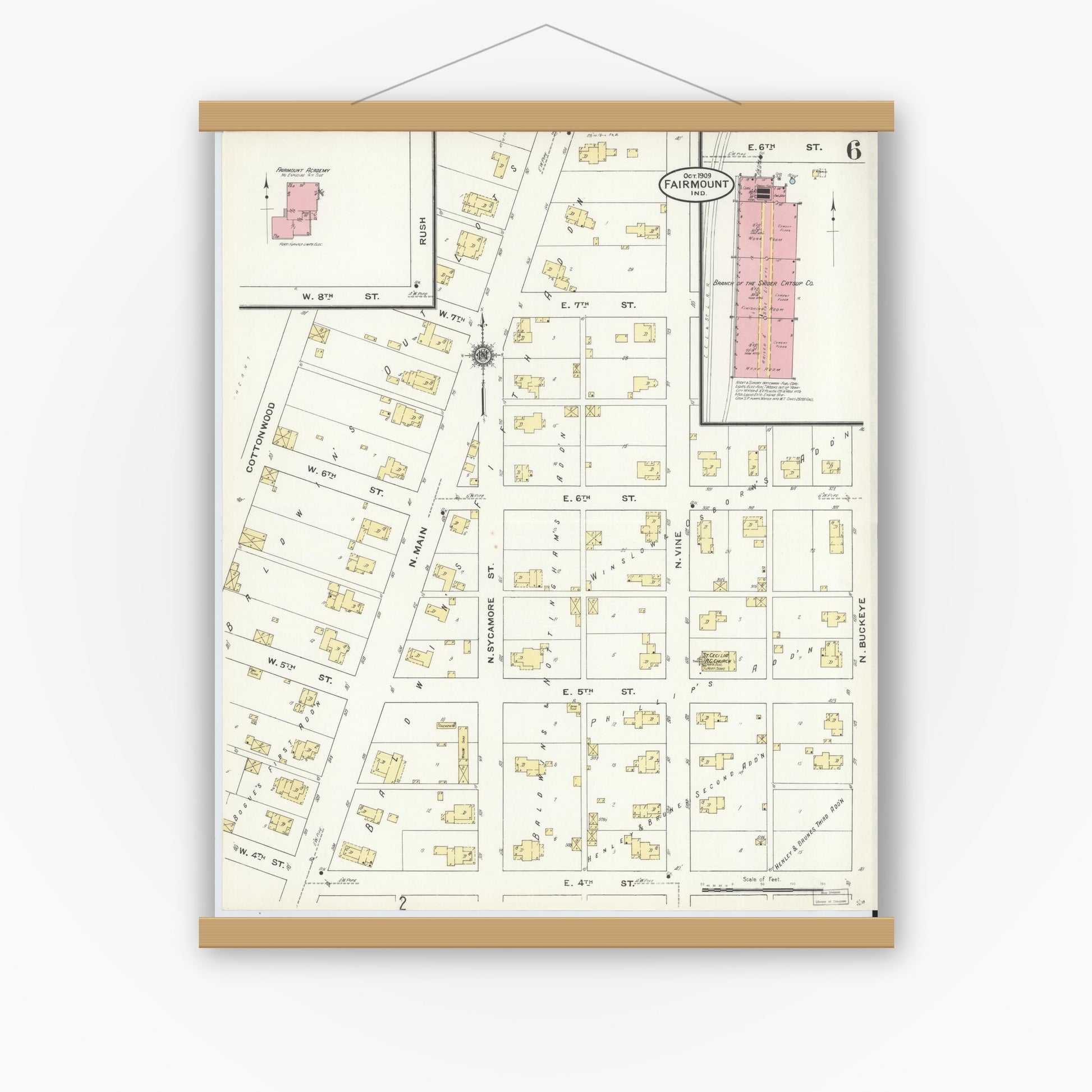 Old map wall art mockup — magnetic wood frame on white wall — Sanborn Fire Insurance Map from Fairmount, Grant County, Indiana (1909), Sheet #0006