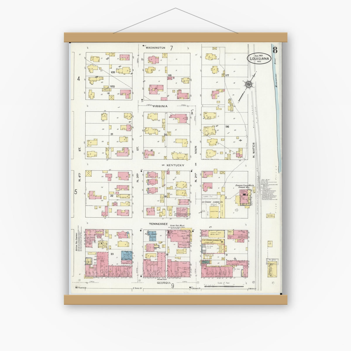 Old map wall art mockup — magnetic wood frame on white wall — Sanborn Fire Insurance Map from Louisiana, Pike County, Missouri (1909), Sheet #0008